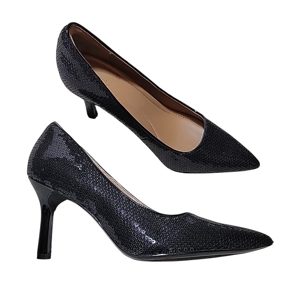 Nordstrom Rack Woman's Size 9.5M Black Sequined Pointed Toe Heels Pumps Classic